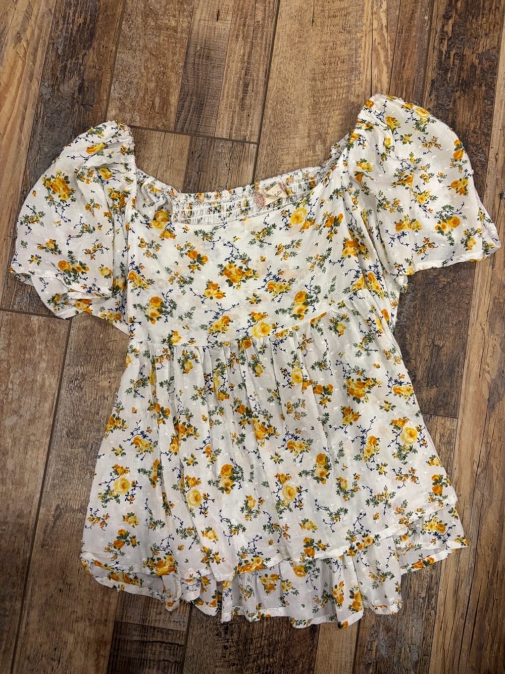 Altar'd State White Floral Puff-Sleeve Peplum Top with Yellow Roses
